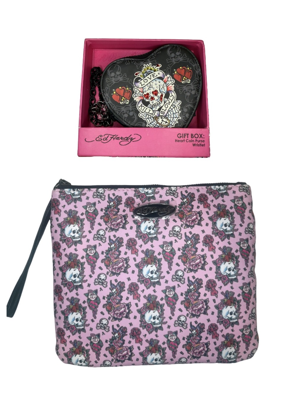 Ed Hardy Bundle Love Kills Slowly Heart Purse & Skull Rose Wristlet Y2K NWT